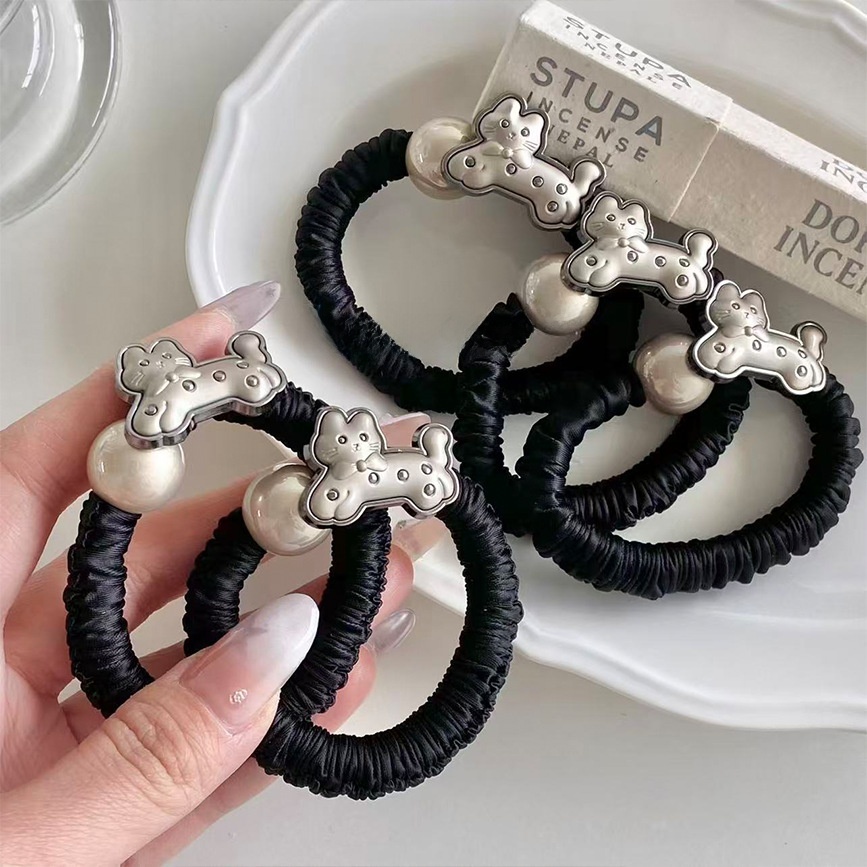 Women's Sweet Beaded Cloth Hair Rubber Band Black Cat Pattern