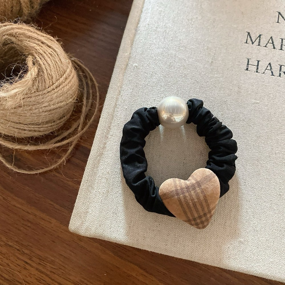 Women's Autumn Winter High Elastic Pearl Fabric Hair Ties Plaid Heart