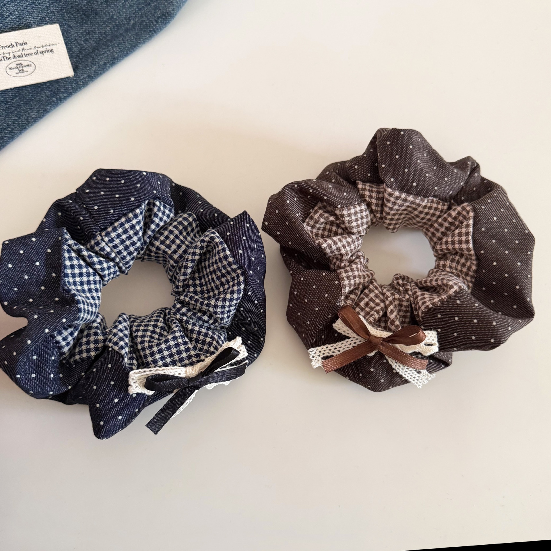 Women Cloth Ponytail Bow Hairband Navy Blue Coffee Plaid Polka Dot