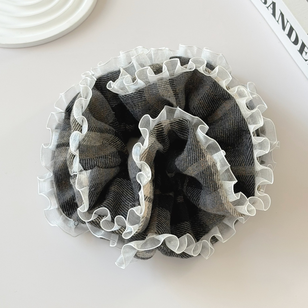 Women's French Style Cloth Headband Large Plaid Lace Edge