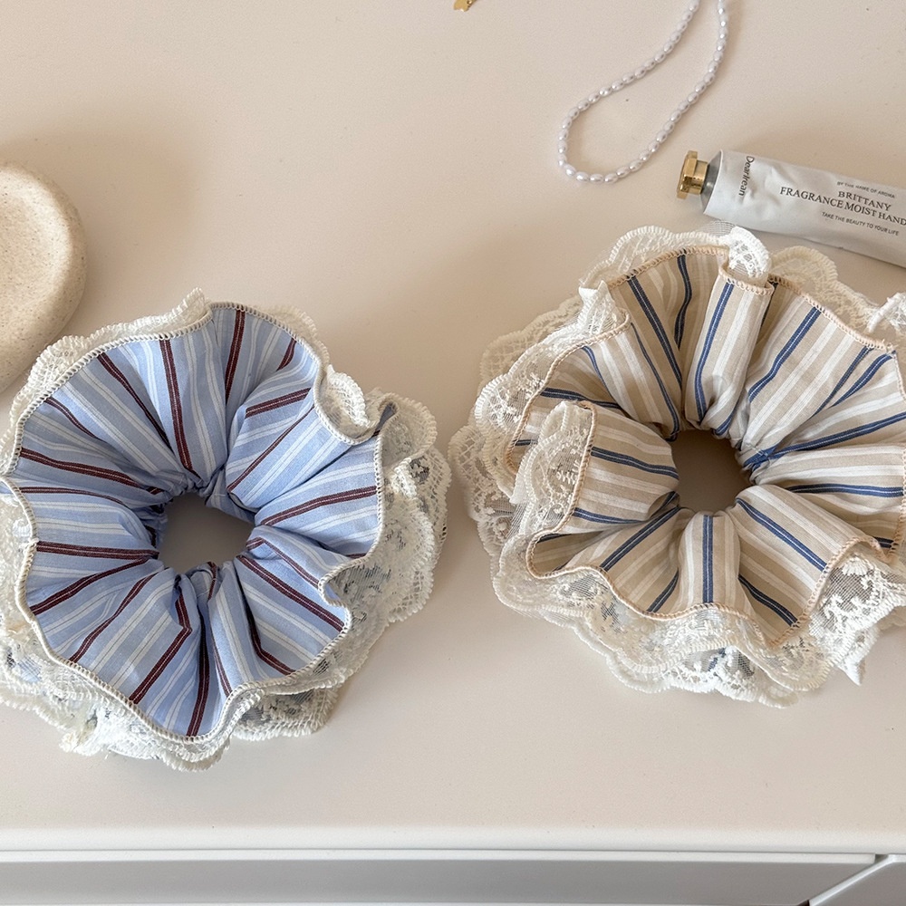 Women's Spring French Polyester Hair Tie Blue And Beige Striped Lace