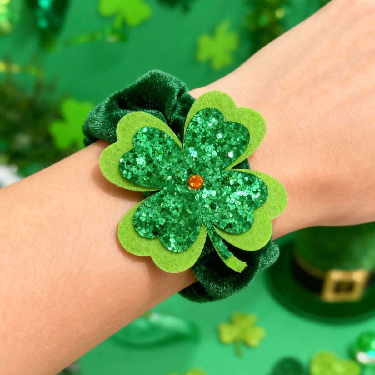Women's St. Patrick's Day Velvet Hair Tie Green Clover Sequin Bow Knot