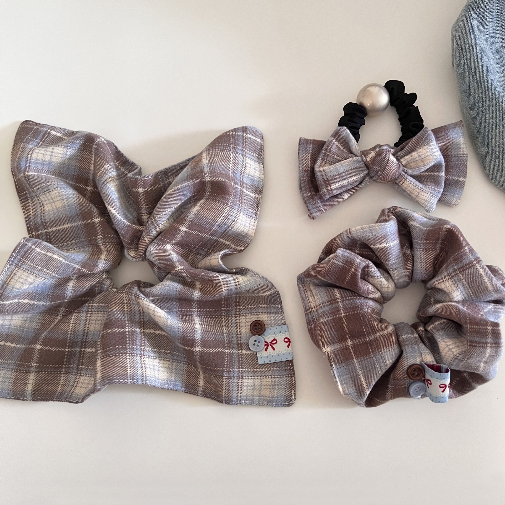 Women Cloth Bow Hair Scrunchies Coffee Plaid Checkered Autumn Winter