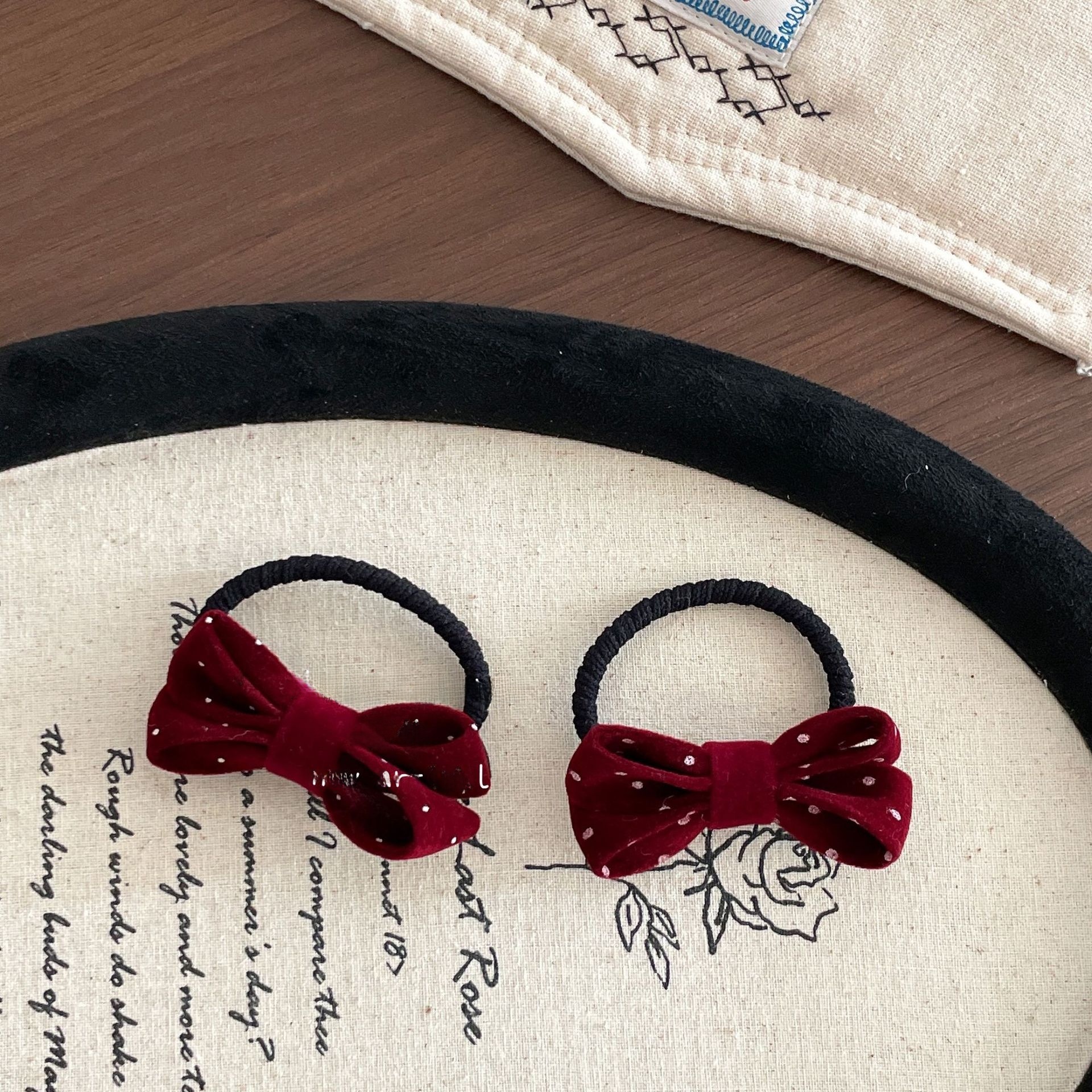 Girls New Year French Flocking Bow Hair Tie Wine Red Polka Dots