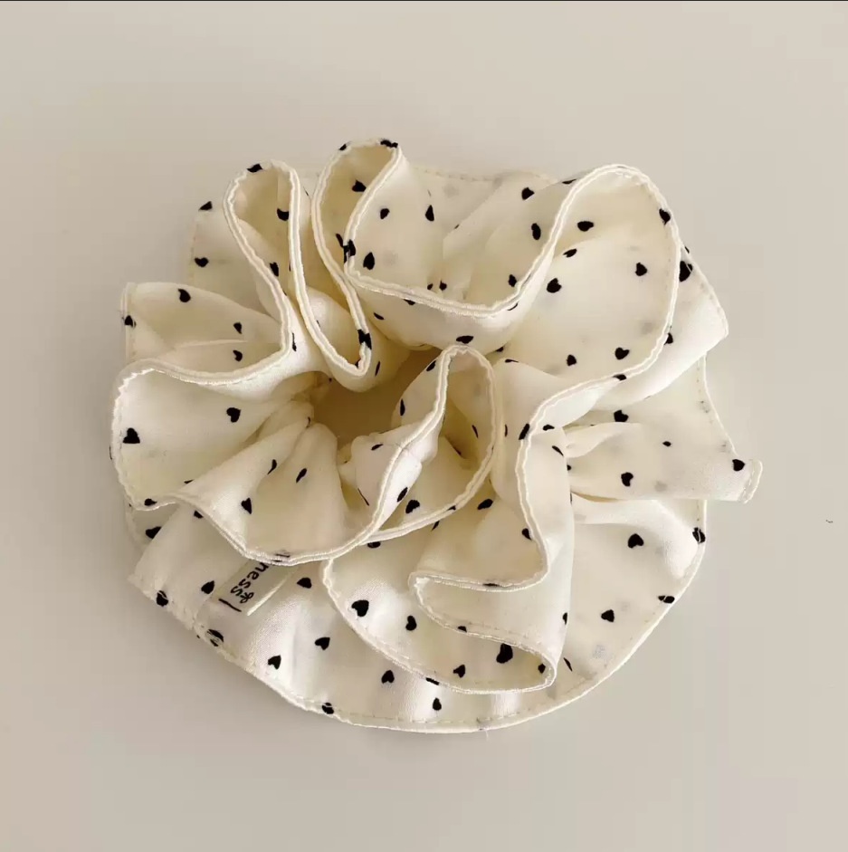 Women's French Style Soft Polyester Hair Tie White Black Heart Polka Dots