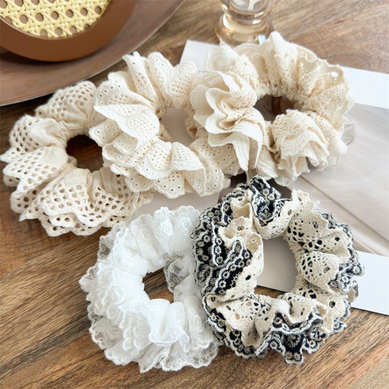 Women's Handmade Hollow Lace Pleated Daily Hair Scrunchie Solid Color