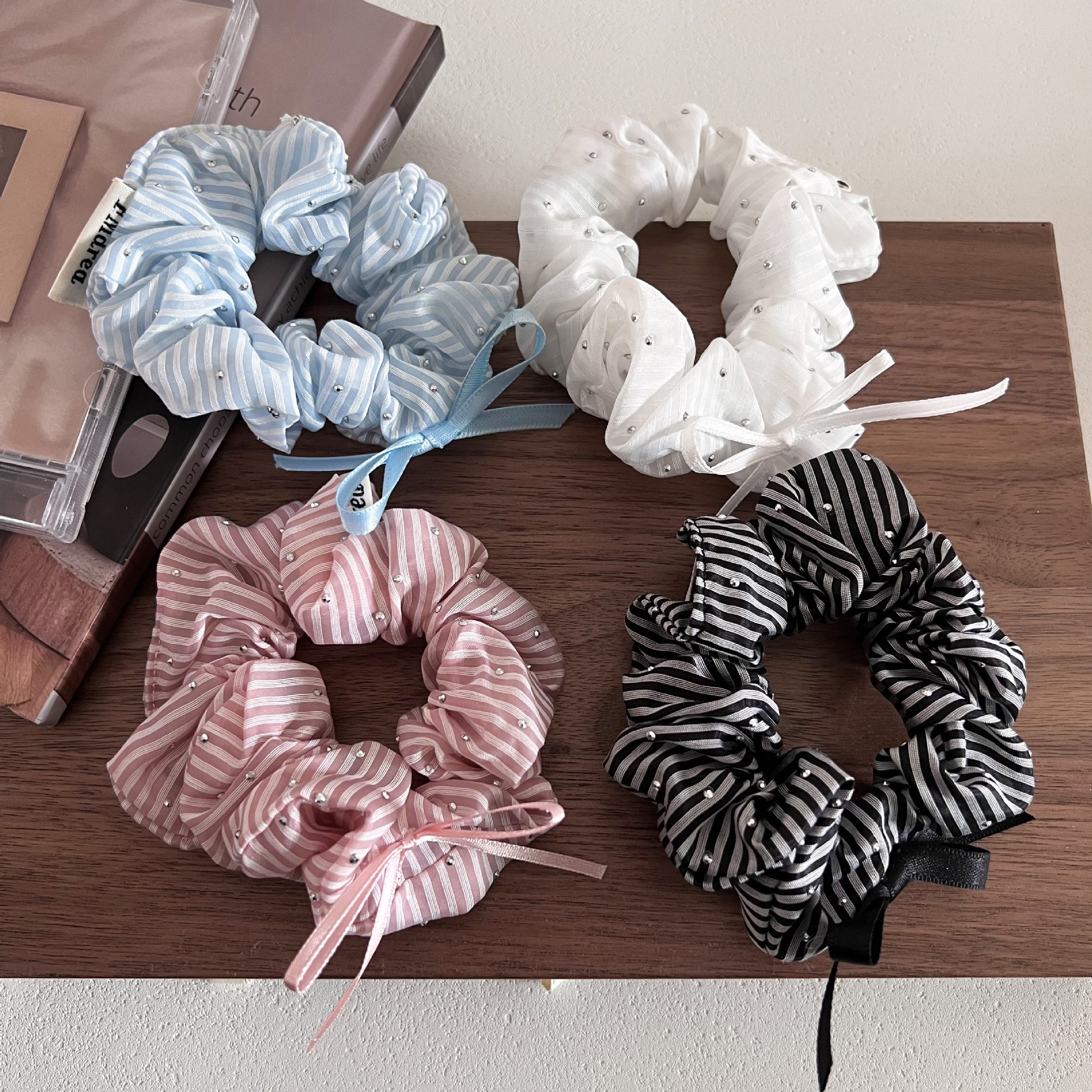 Women's Summer Sparkling Rhinestone Cloth Hair Tie Striped Bowknot
