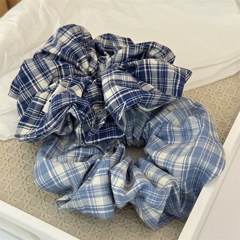 Women's Everyday Cloth Scrunchie Hair Tie Navy Blue Checkered Plaid