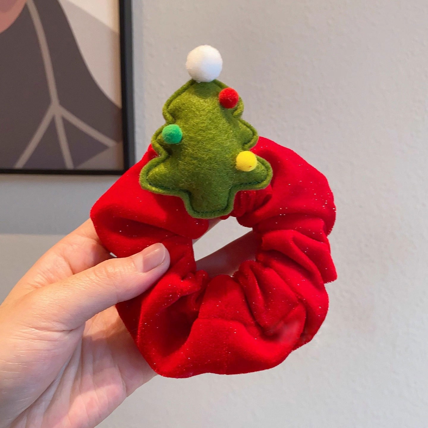 Women's Festive Cloth Scrunchie Hair Tie Red Star Christmas Tree