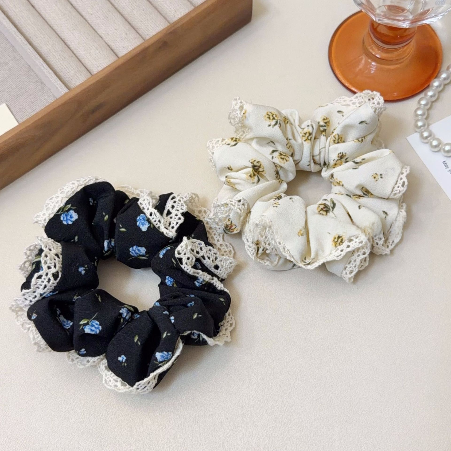 Women's Elegant Spring Pearl Gauze Hair Tie Accessory Beige Lace