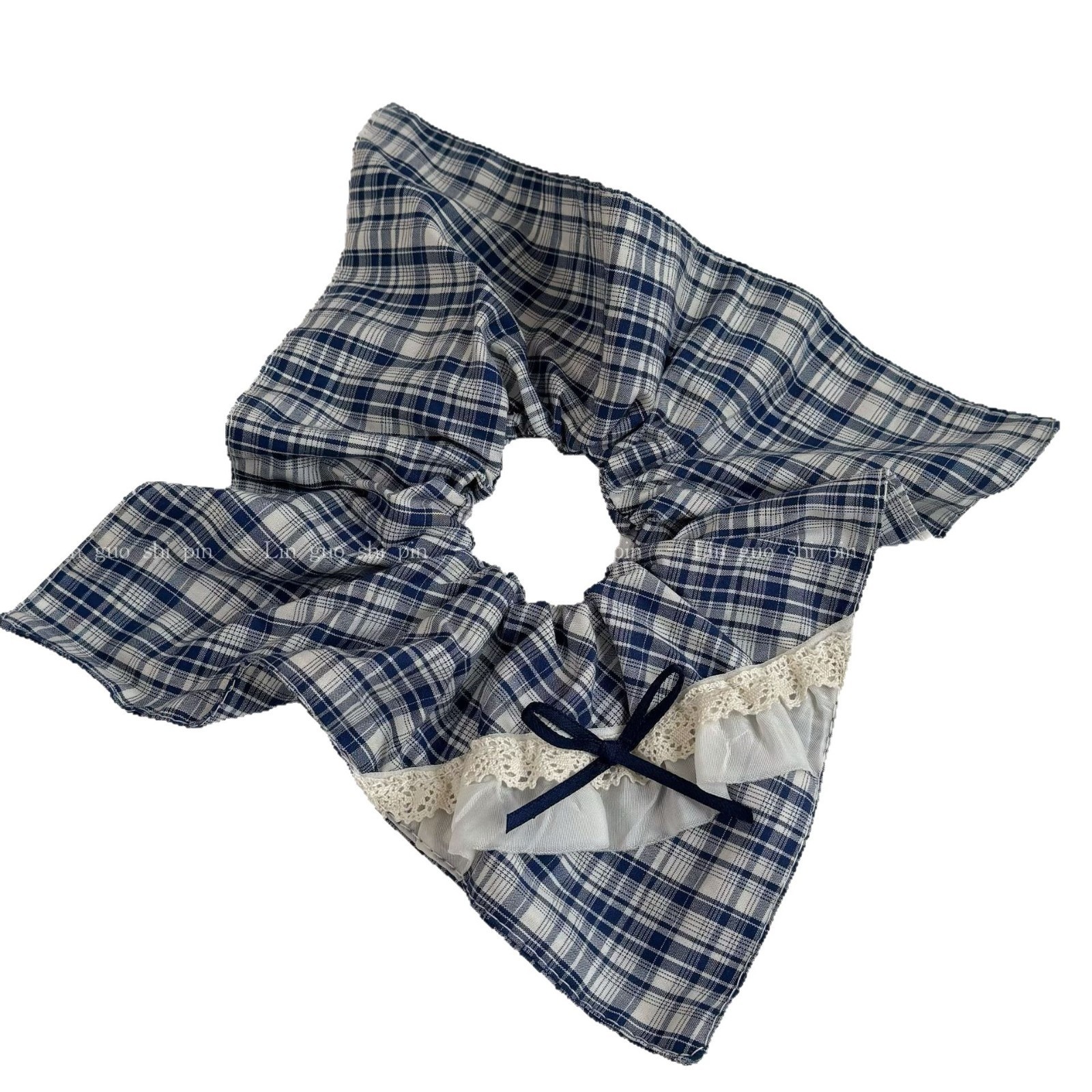 Women's All-Season Preppy Cloth Bowknot Hair Tie Blue Plaid Lace