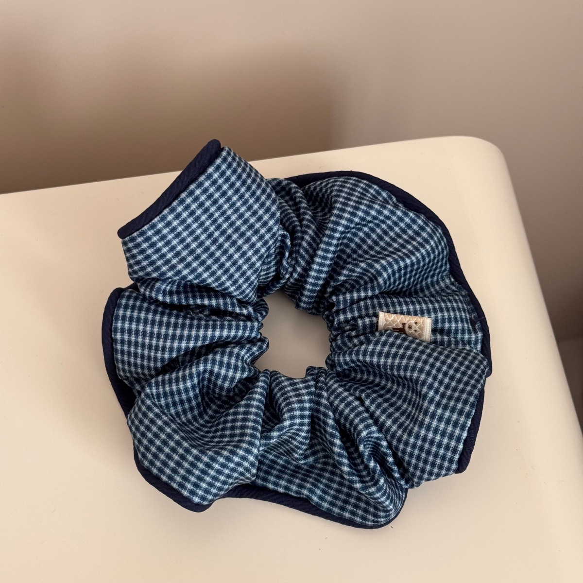 Women's French Style Cloth Spring Hair Tie Navy Blue Floral Plaid