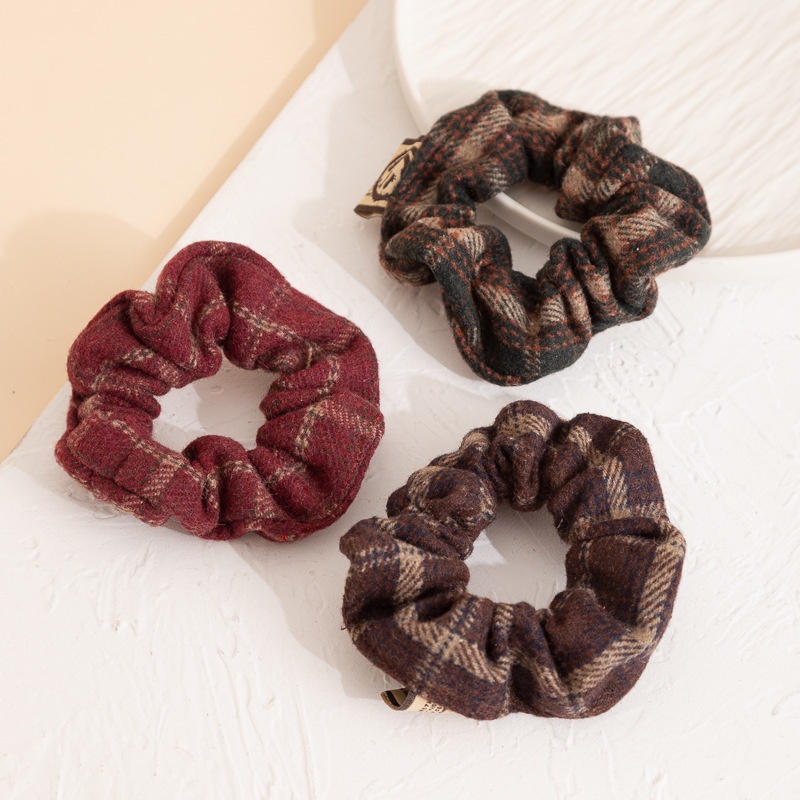 Women's Autumn Winter Wool Ponytail Hair Tie Smiley Plaid Black Coffee Red
