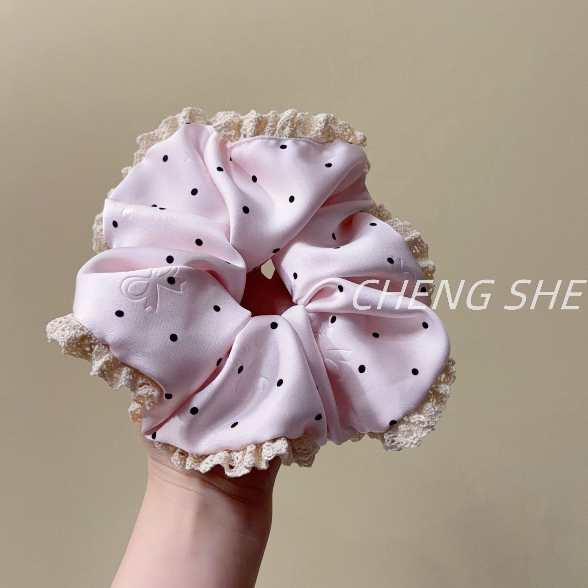 Women's French Satin Bubble Braid Hair Tie in Blue Polka Dot Bow Knot