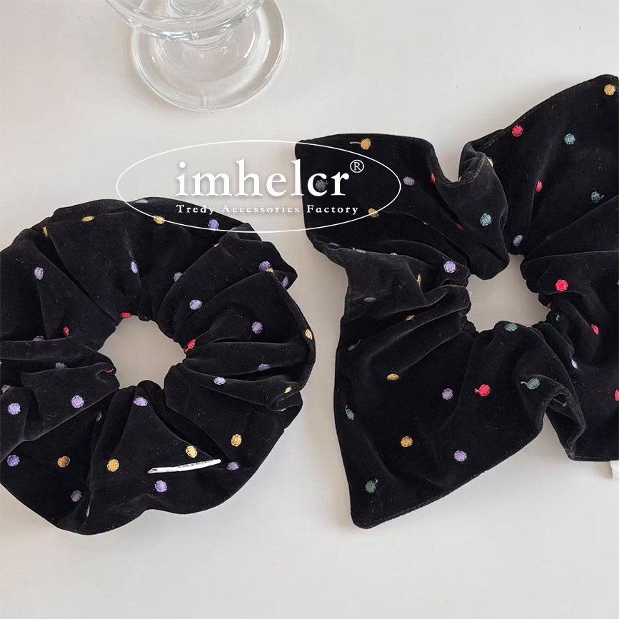 Girls Colorful Polka Dot Embroidered Black Velvet Headband Hair Bun Wrap