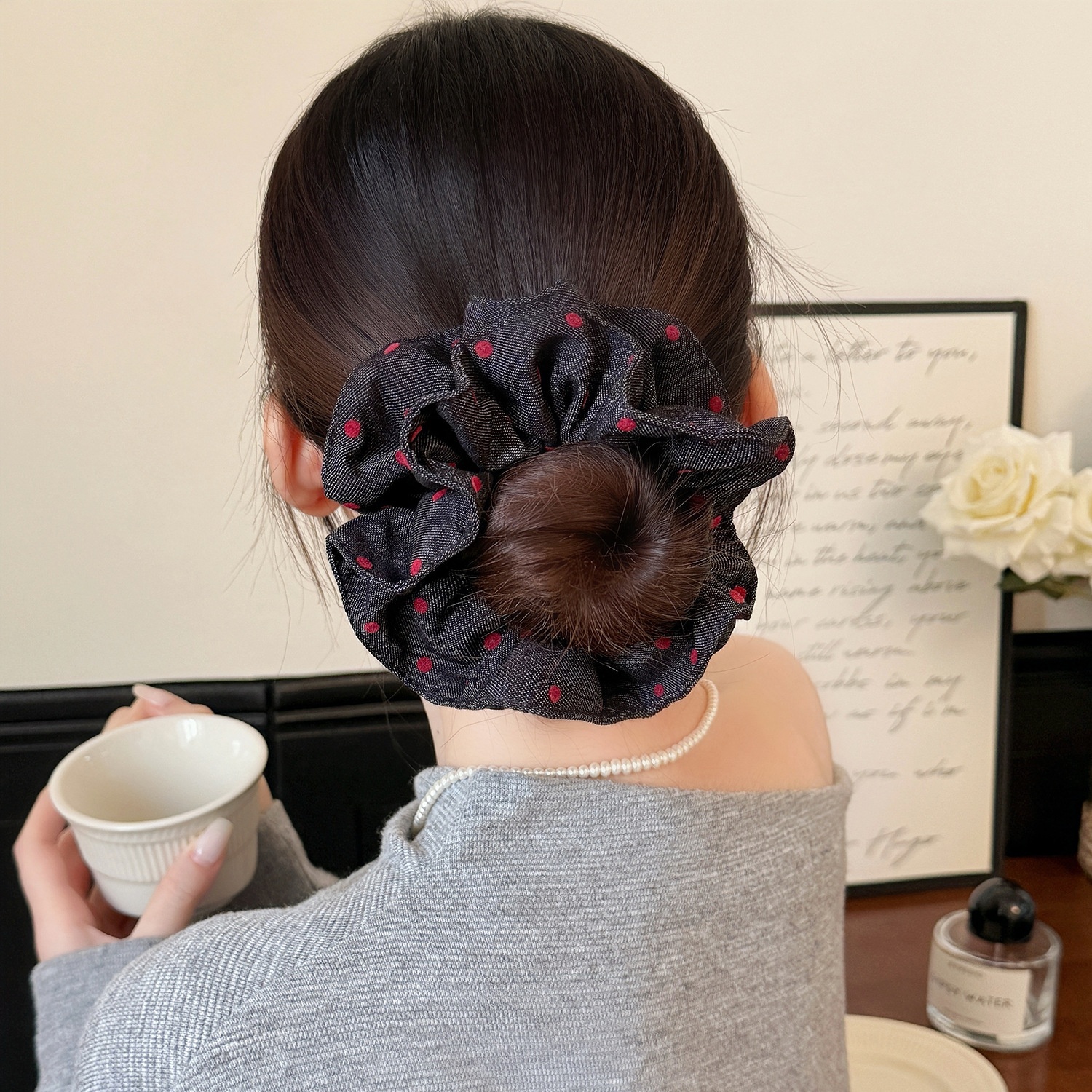 Women Large Denim Fabric Flower Tail Bun Hair Tie Multicolor Spot