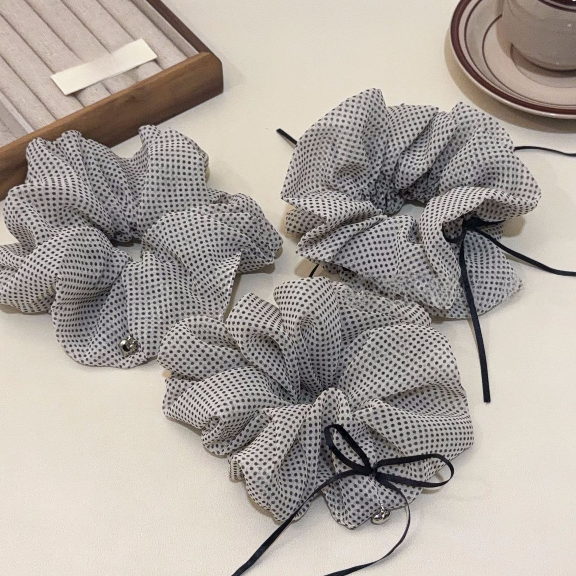 Women's All-Season Gauze Hair Scrunchie Beige Polka Dots Bow Knot