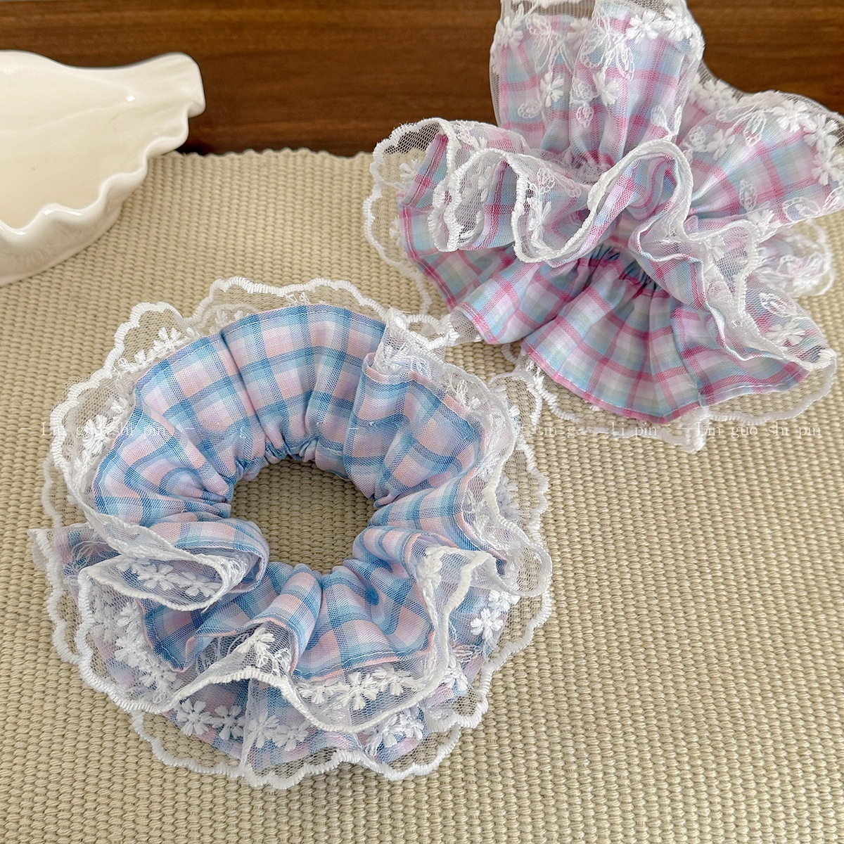 Women's Daily Cloth Hair Scrunchies Pink Blue Checkered Plaid Lace
