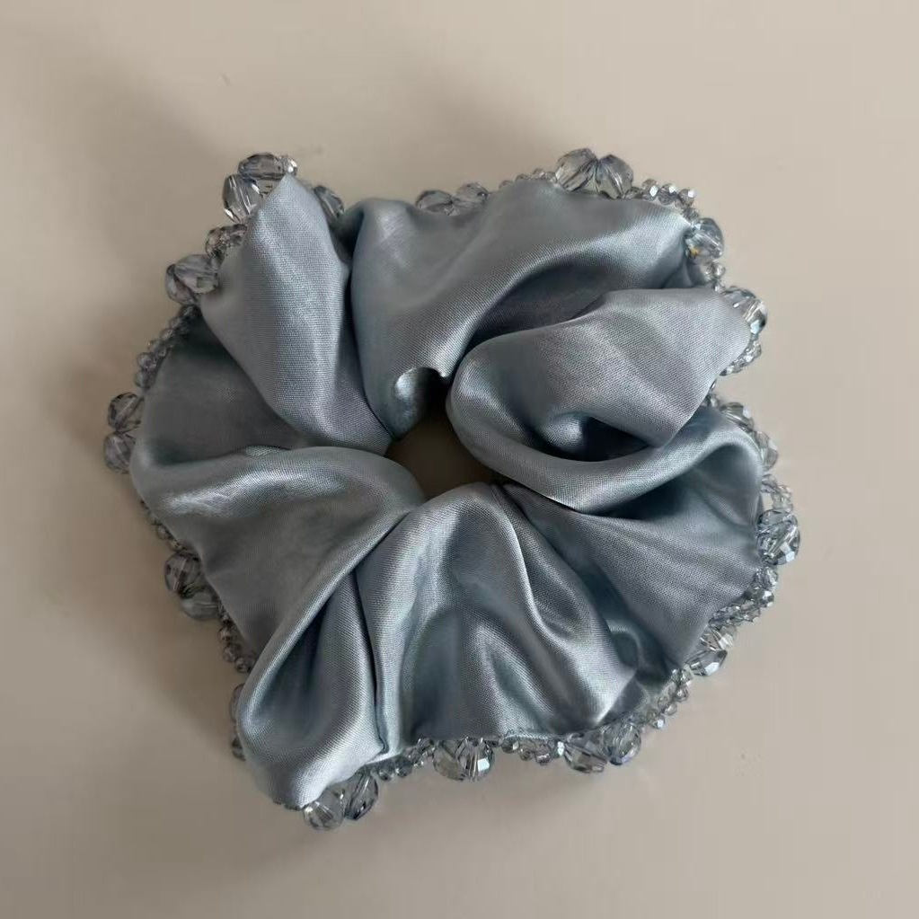 Women's Spring French Retro Satin Hair Tie Sparkly Crystal Beige