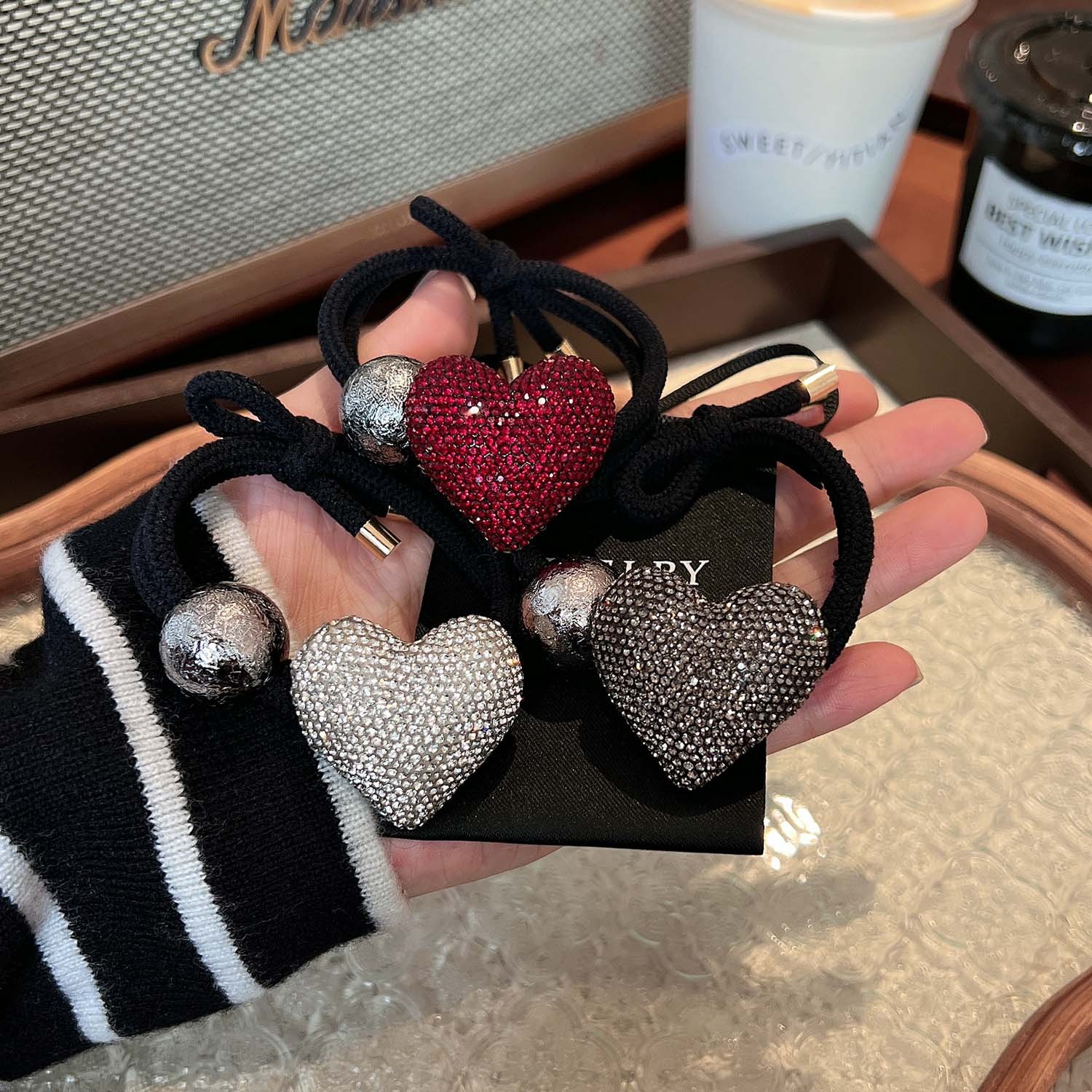 Women's Shiny Rhinestone Hair Tie Elegant Ponytail Holder Wine Red Heart