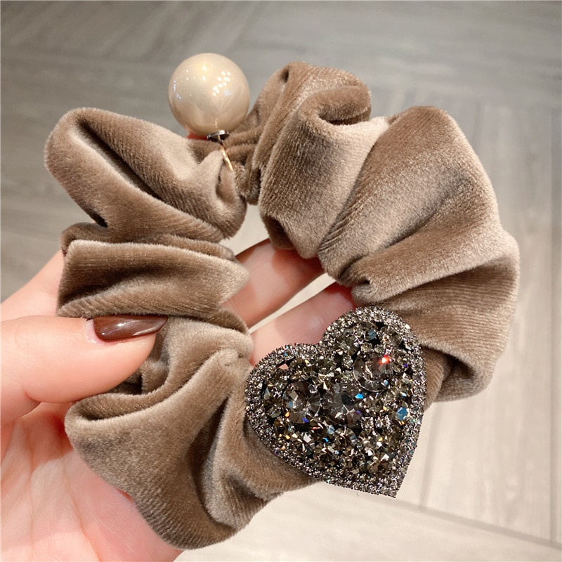 Ladies Velvet Lazy Low Bun Hairband Rhinestone Heart Bow Khaki Black