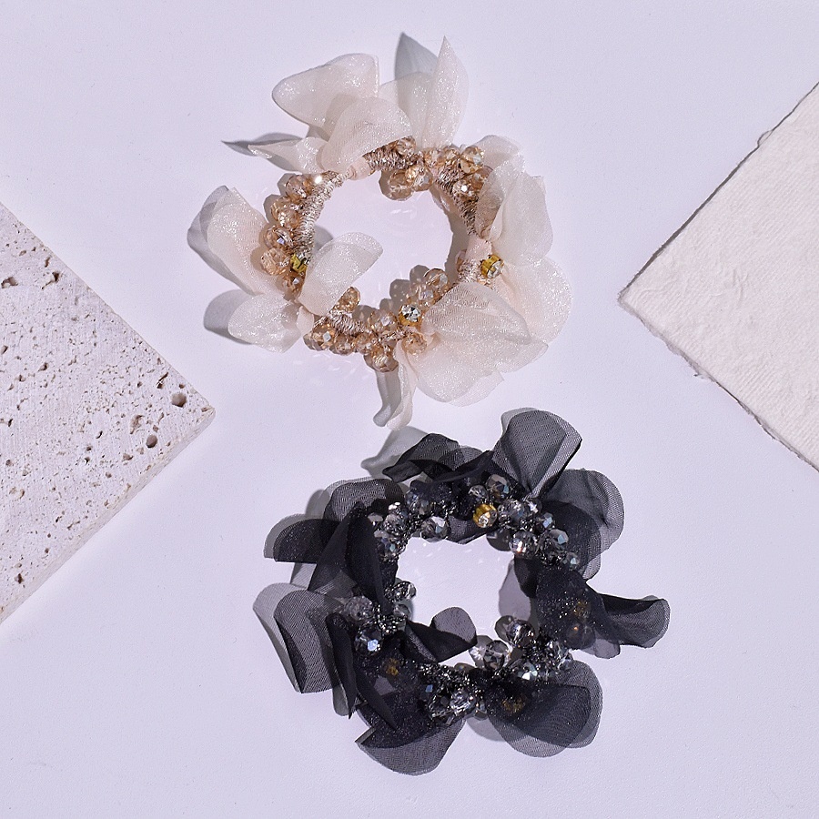 Women's Fairy Crystal Petal Hair Ring Organza Ponytail Tie Black Champagne