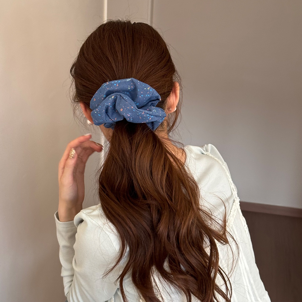 Women's Sweet Spring Satin Lace Hair Tie Scrunchie Beige Polka Dots