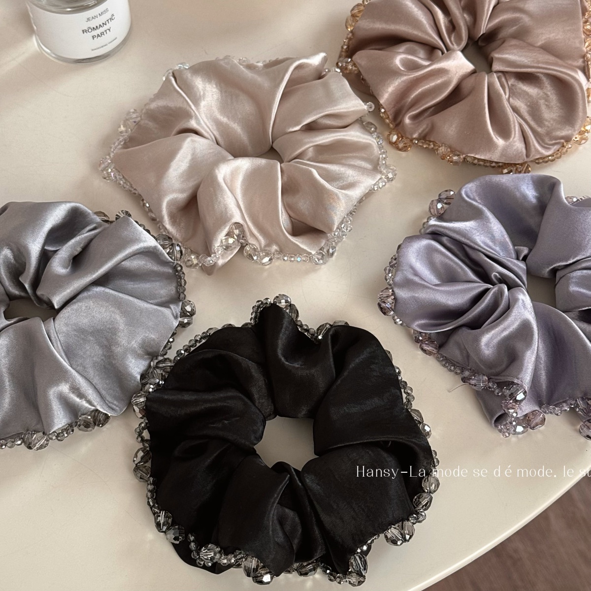 Women's Spring French Retro Satin Hair Tie Sparkly Crystal Beige