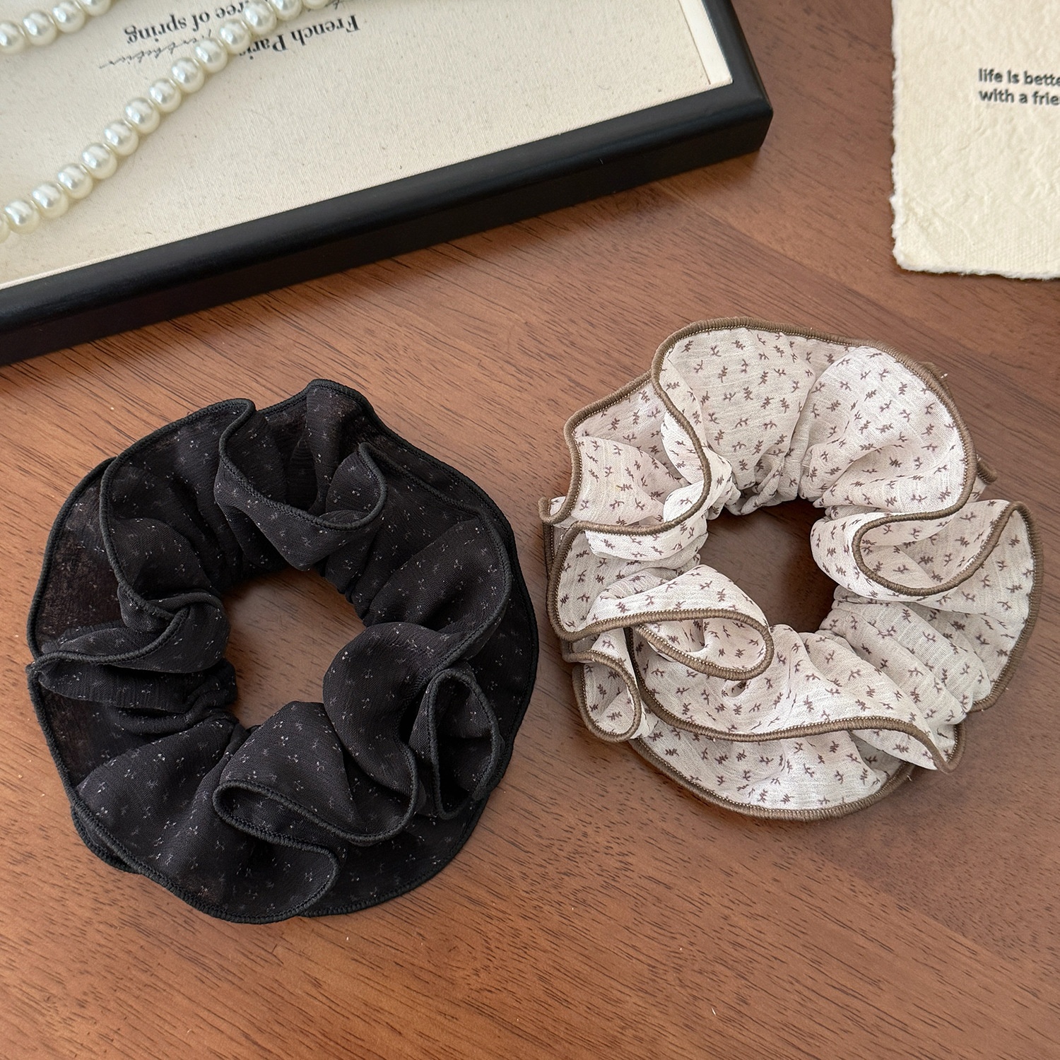 Women's All-Season Elastic Gauze Hair Tie Scrunchie Black Polka Dot