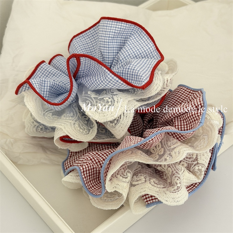 Women's Cloth Hair Tie Scrunchies Red Blue Checkered Plaid