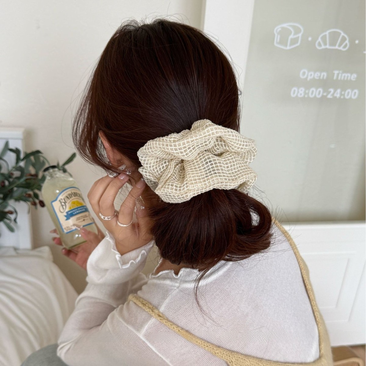 Women's Soft Cloth Retro Hair Tie For Daily Wear Sky Blue Plaid