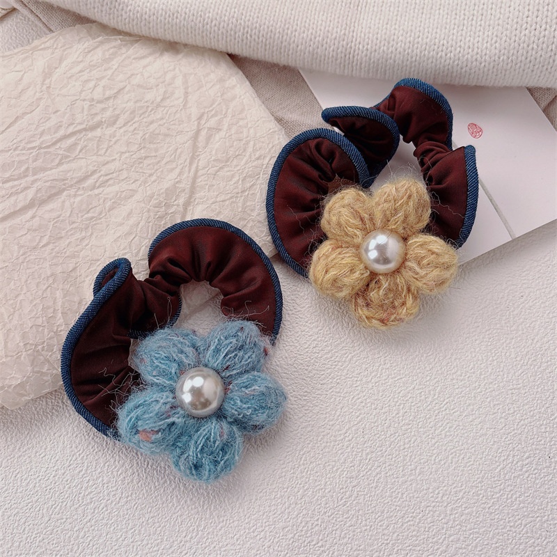 Women's Pearl Knitted Flower Elastic Hair Tie Floral Blue Yellow Hair Band