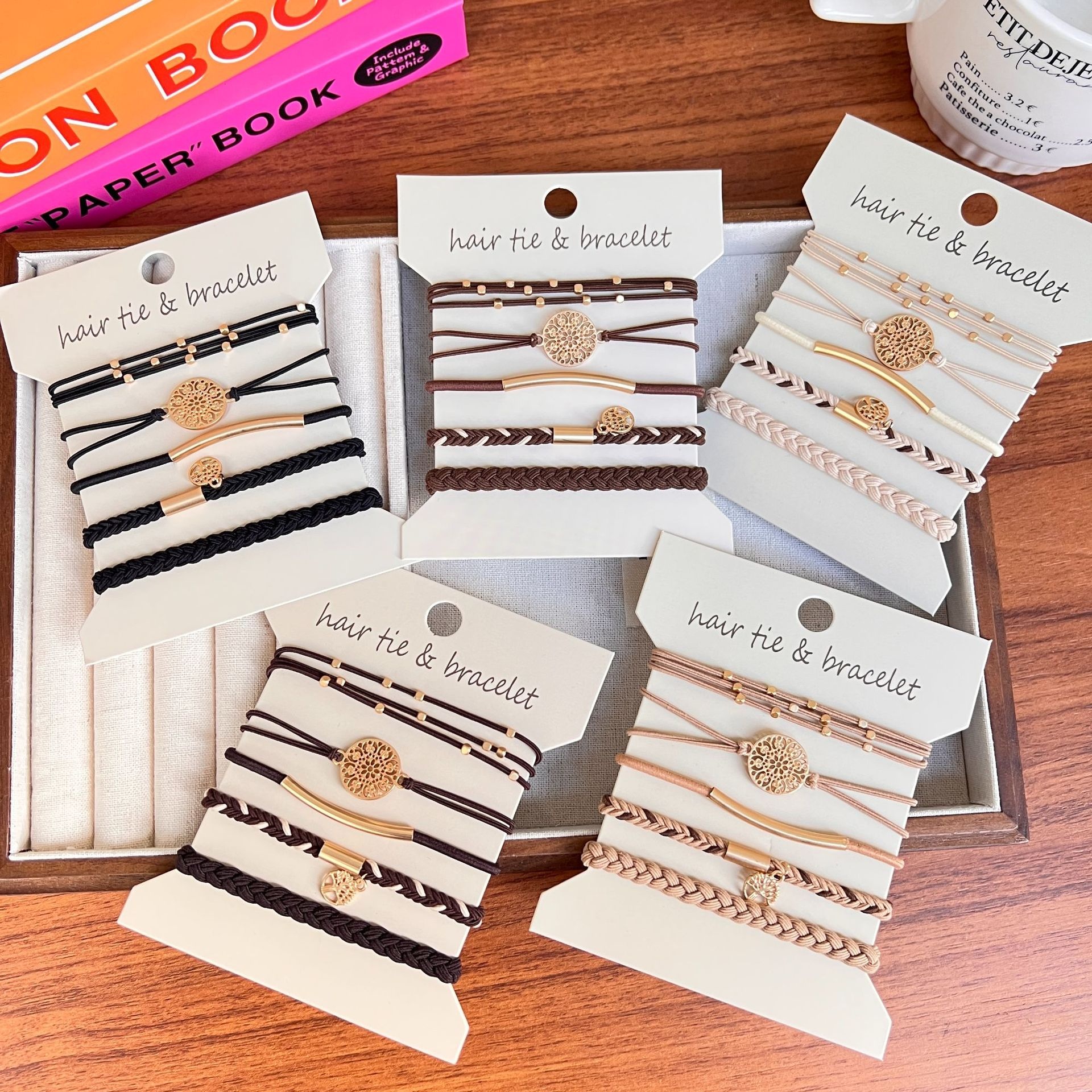 Women's 5Pcs Brown Metal Tree of Life Elastic Hair Tie Bracelet Set