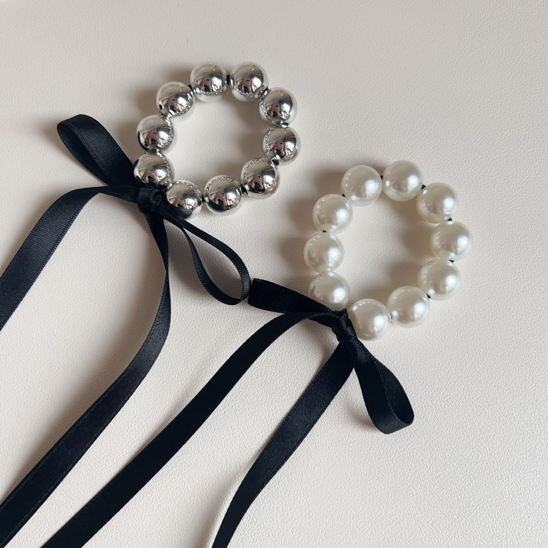 Women's Summer Beaded Bowknot Hair Tie Accessories White Silver