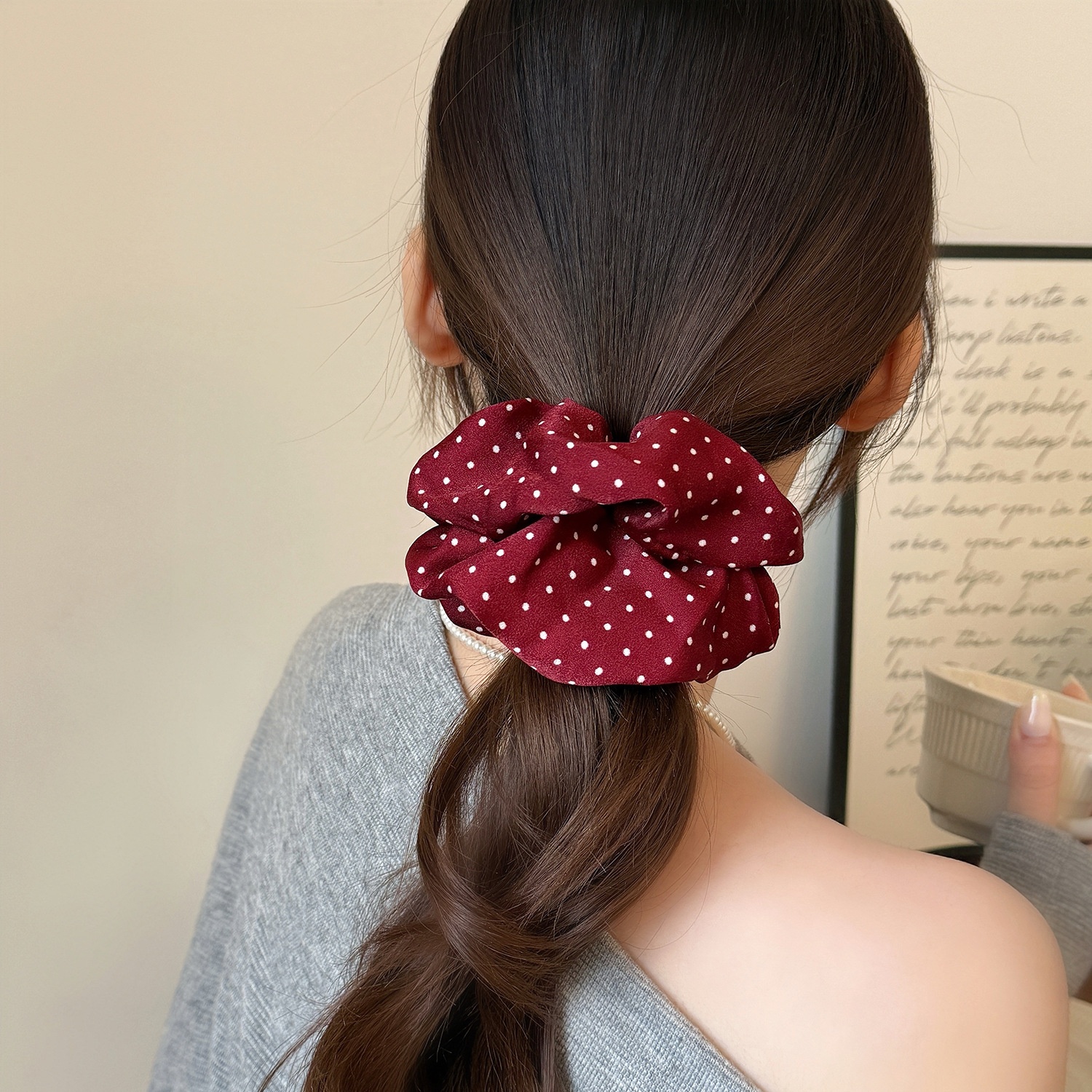 Women's Versatile Fabric Low Ponytail Elastic Hair Ties Red Polka Dot