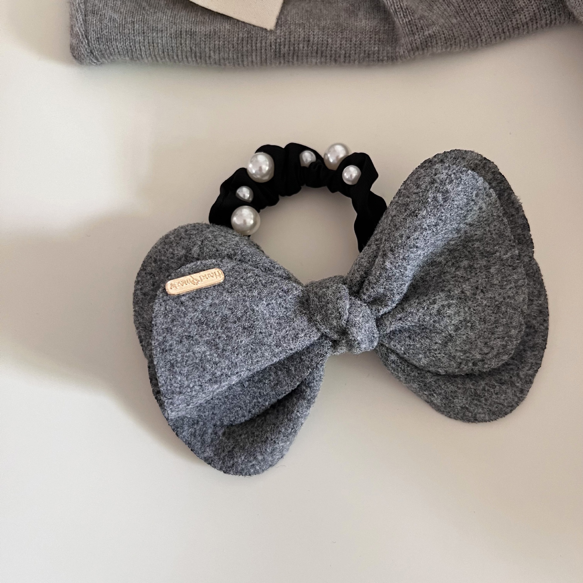 Women's Cute Woolen Pearl Ponytail Hair Tie Autumn Winter Bow Knot
