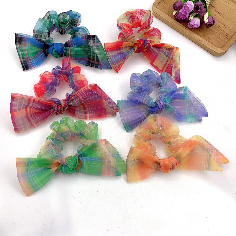 Women's Summer Organza Bowknot Hair Tie Scrunchie Rainbow Plaid