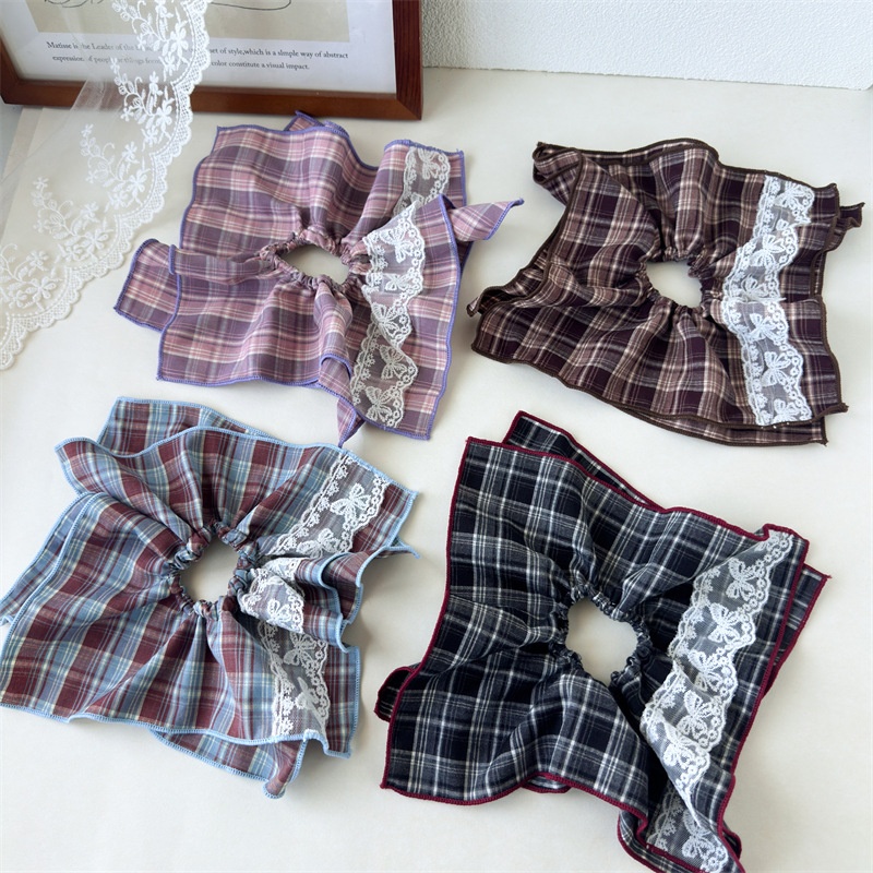 Women's Double Layer Polyester Low Ponytail Hair Tie Retro Fall Plaid