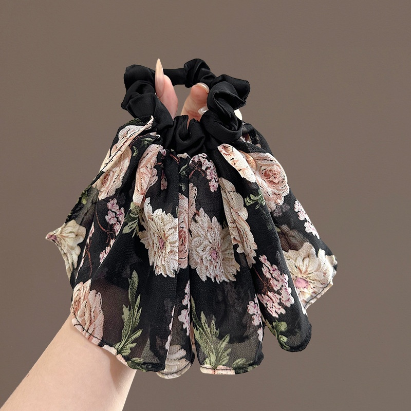 Women Hair Tie Stylish Gauze Floral Print Elastic Scrunchie Black