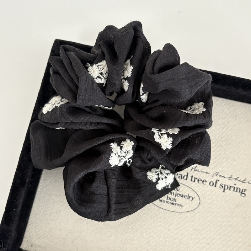 Women's Spring Cloth Hair Tie Scrunchie Black Embroidered Floral