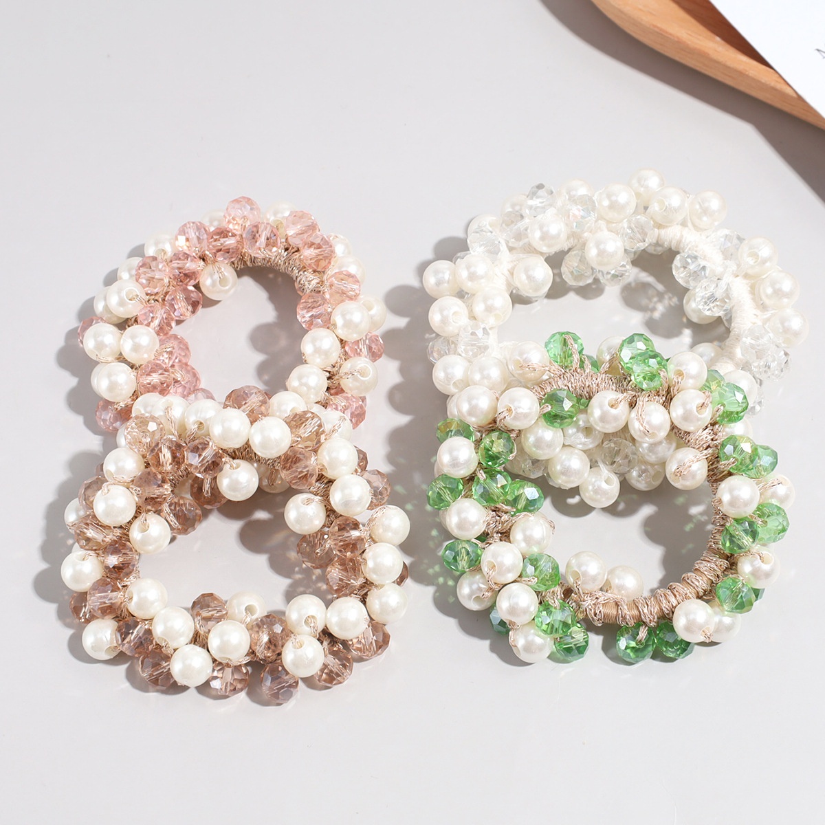 Women's Crystal Pearl Elastic Bun Hairband Brown White Pink Green