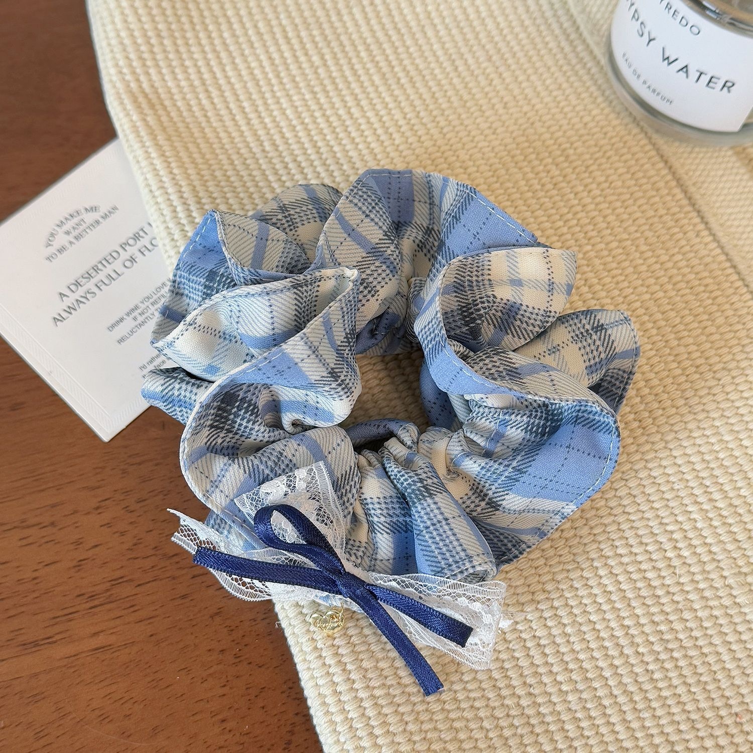 Women's Daily Cloth Bow Scrunchies Blue Black Tartan Plaid Lace