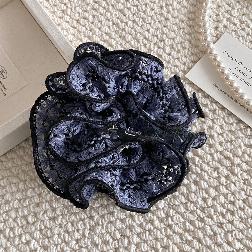 Women's Vintage Knit Flower Hair Tie, Beige & Blue Spring Summer Floral