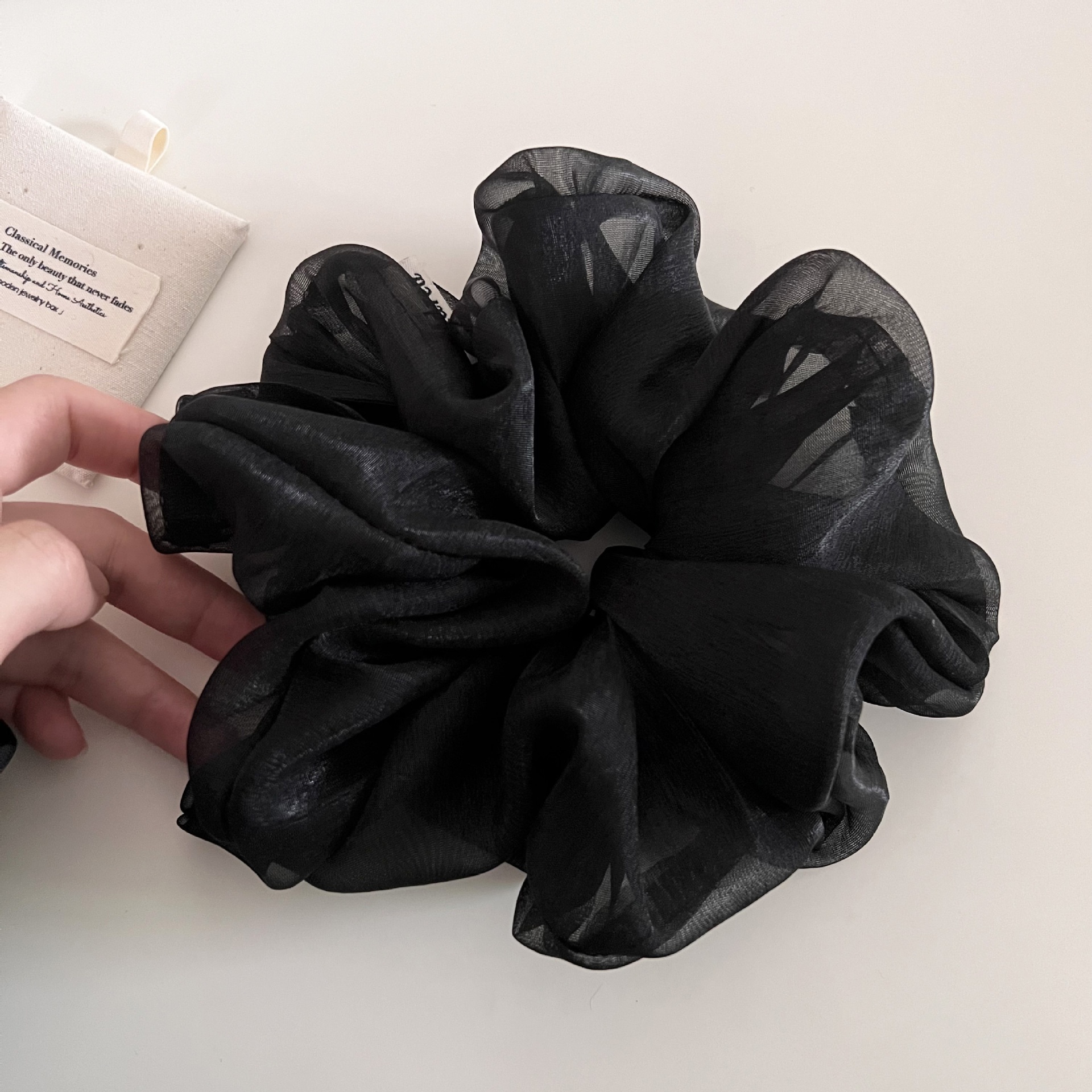 Women's Sheer Gauze Large Bow Hairband Low Bun Pearl Hair Tie Solid Color