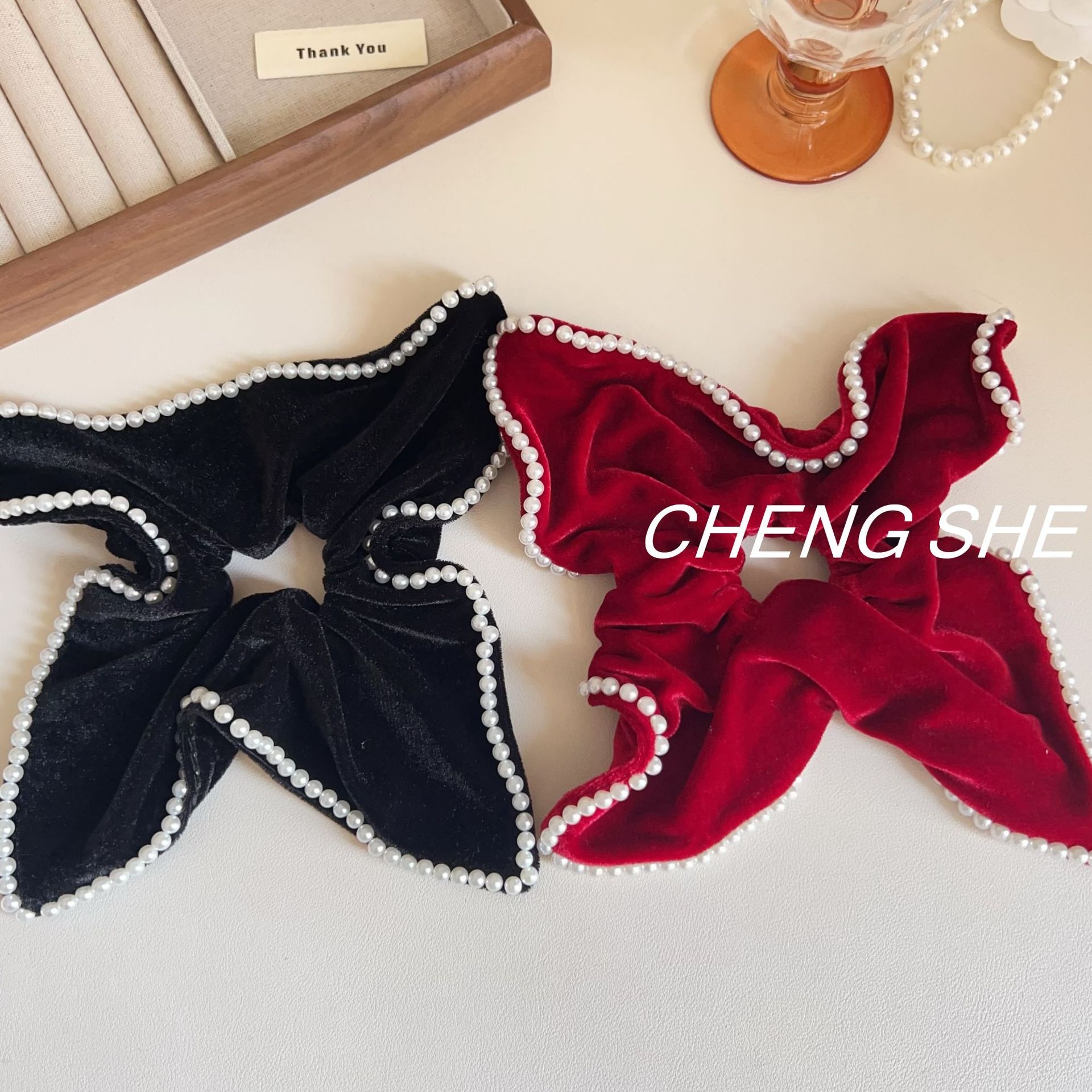 Women's Velvet Scarf Scrunchie For Bun Ponytail Pearl Retro