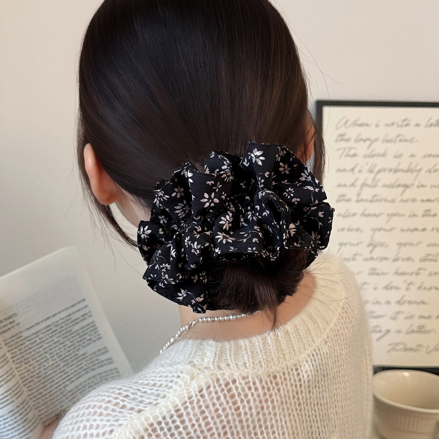 Women's Elegant Fabric Bun Hair Scrunchies Double Layer Black Floral
