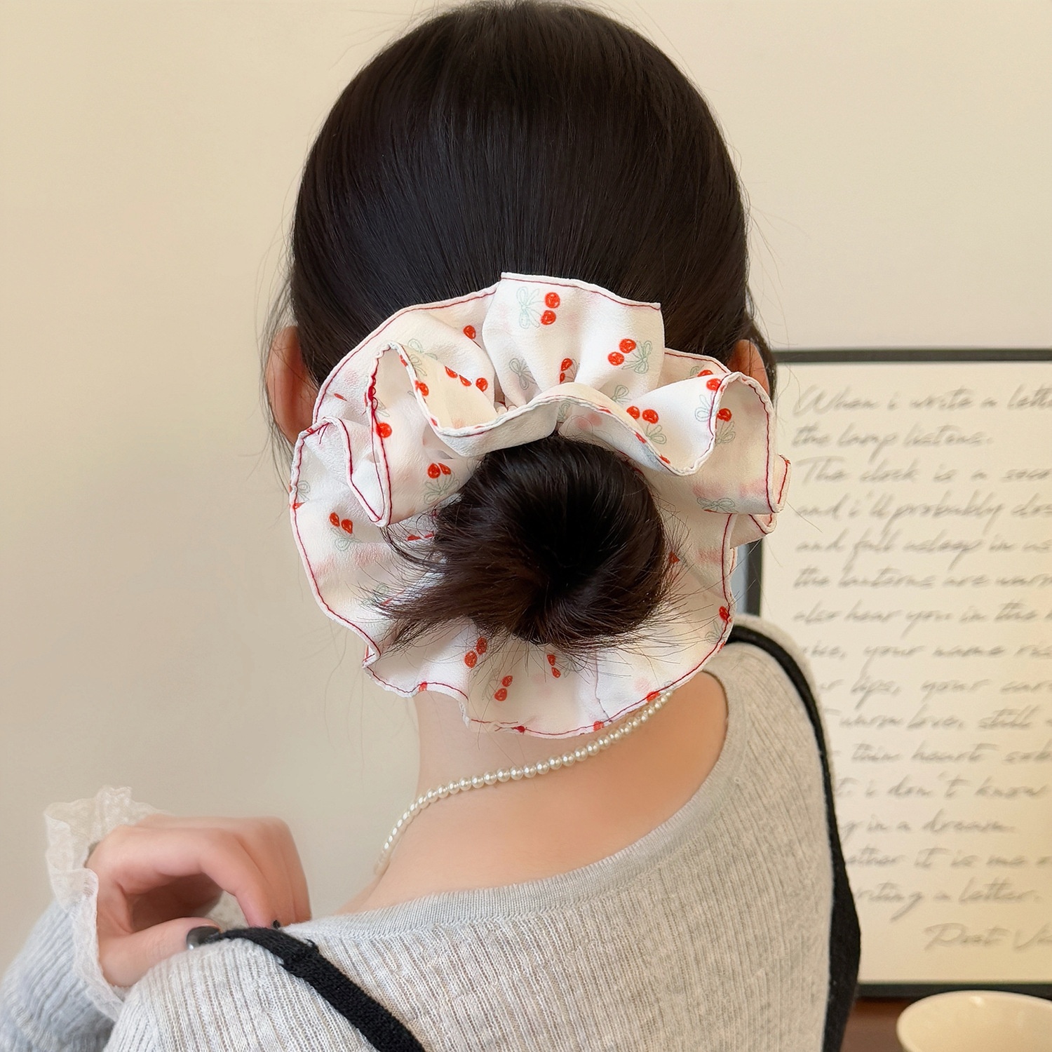 Women's Cherry Print Double Layer Elastic Hairband No Damage Cloth Tie
