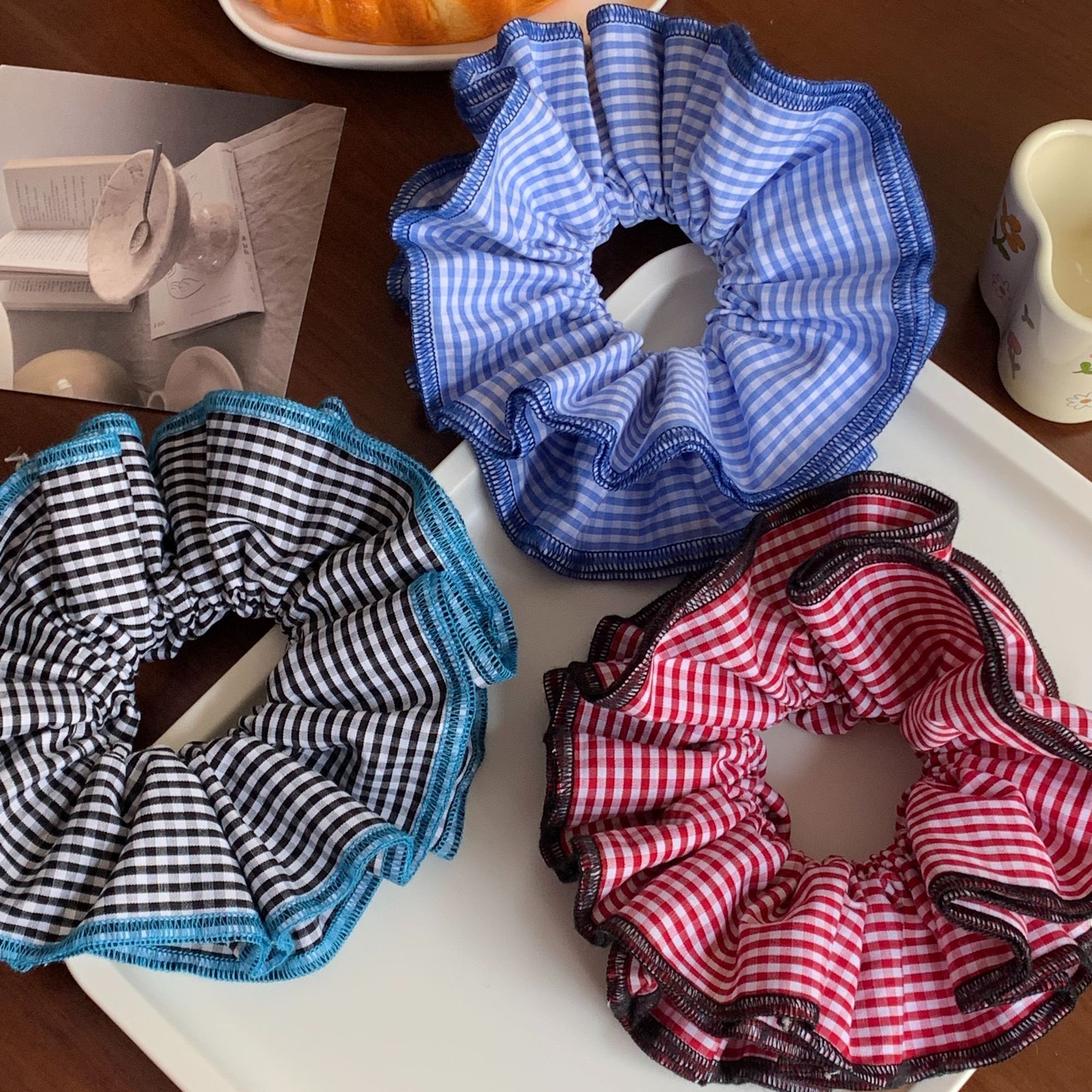 Women's Summer Weekend Cloth Ruffle Hair Bands Double Layer Floral Plaid