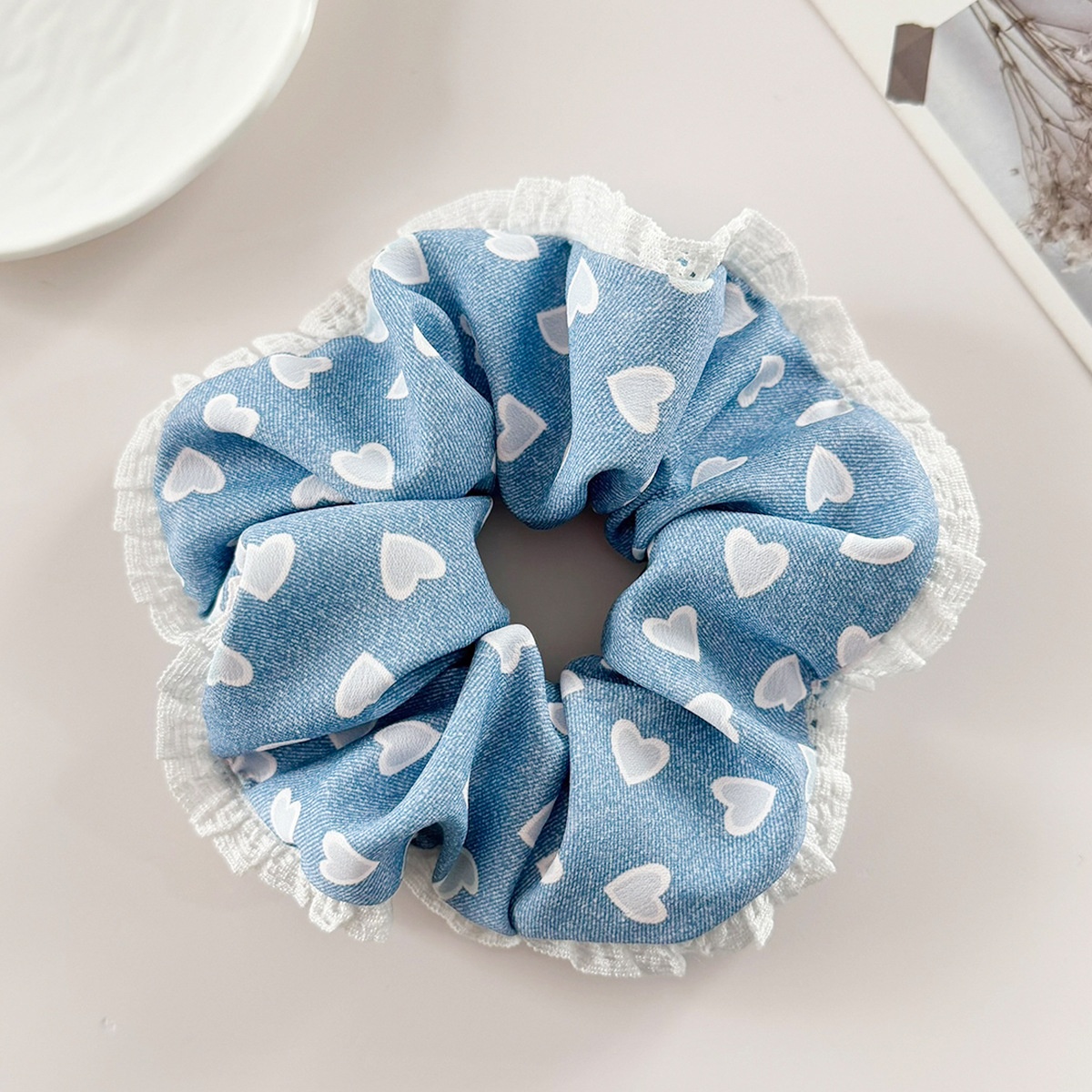 Women Denim Hairband Large Lace Edge Heart Shape Blue Hair Accessories
