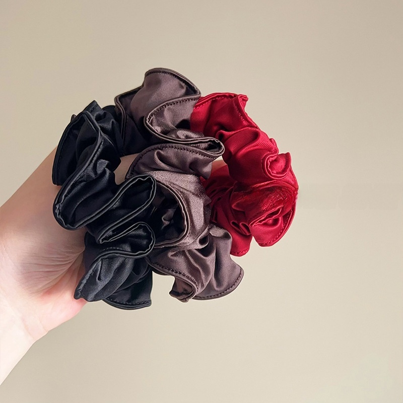 Women's Autumn Smooth Satin Hair Tie Scrunchie Solid Black Red Coffee